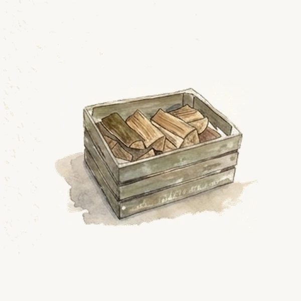 Watercolour illustration of a crate of logs
