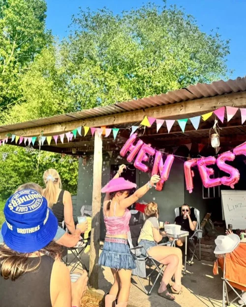 Hen Fest banner and bunting at the communal shelter